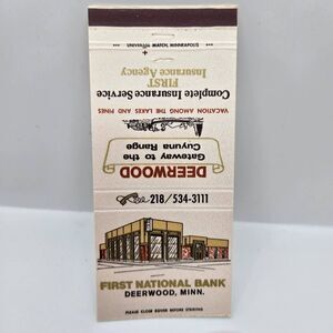 Vintage Matchcover First National Bank Deerwood Minnesota Cuyuna Range